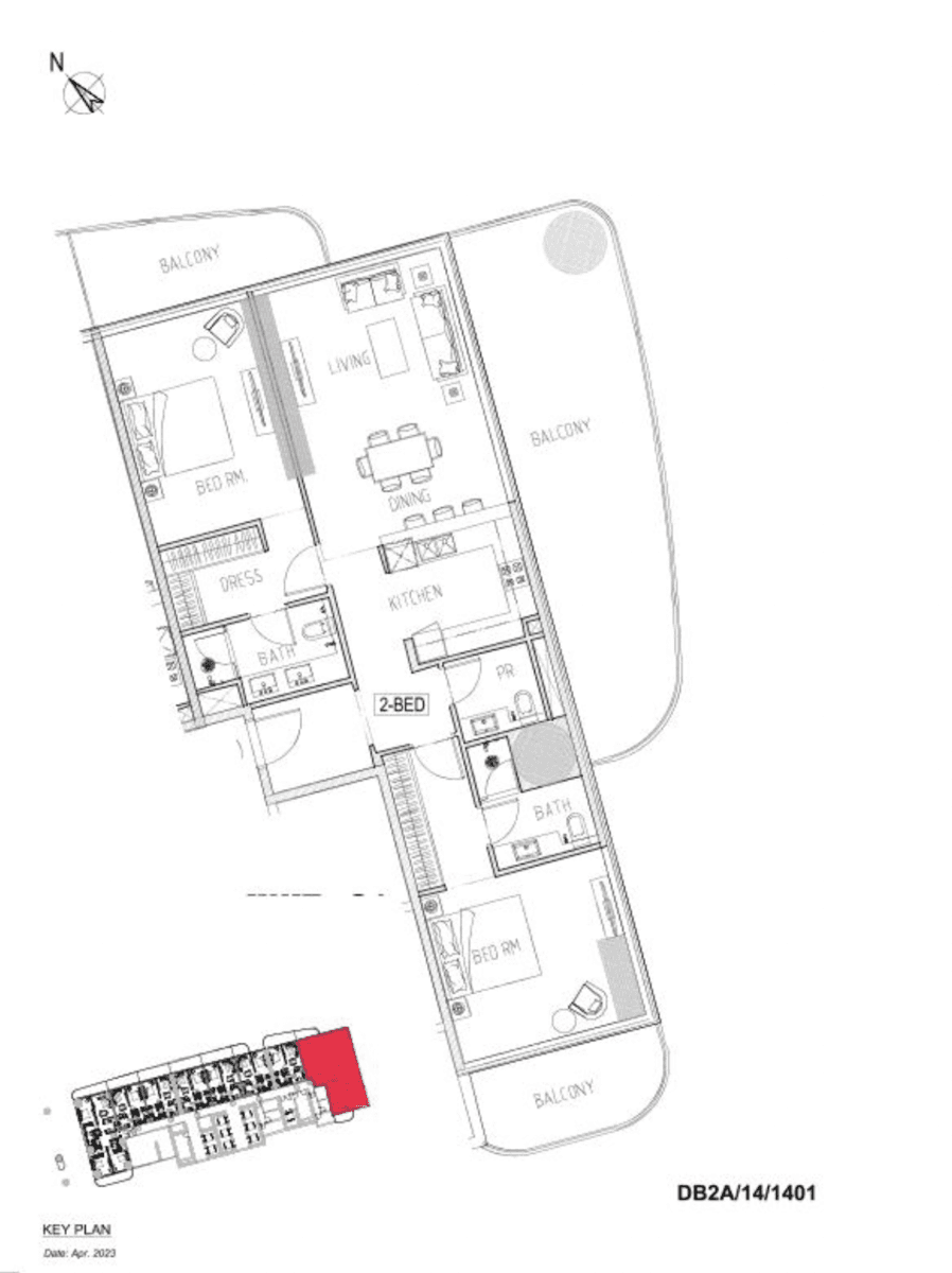DAMAC BAY2の2 Bedroomの間取り