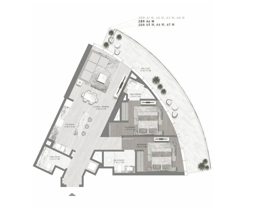 DAMAC Canal Crownの2 Bedroomの間取り